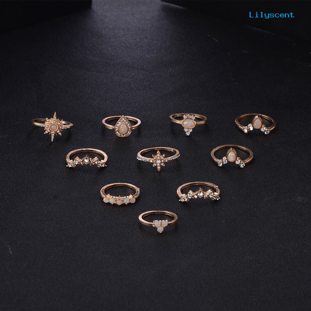 10pcs / Set Cincin Buku Jari Aneka Bentuk Aksen Berlian Imitasi Untuk Wanita
