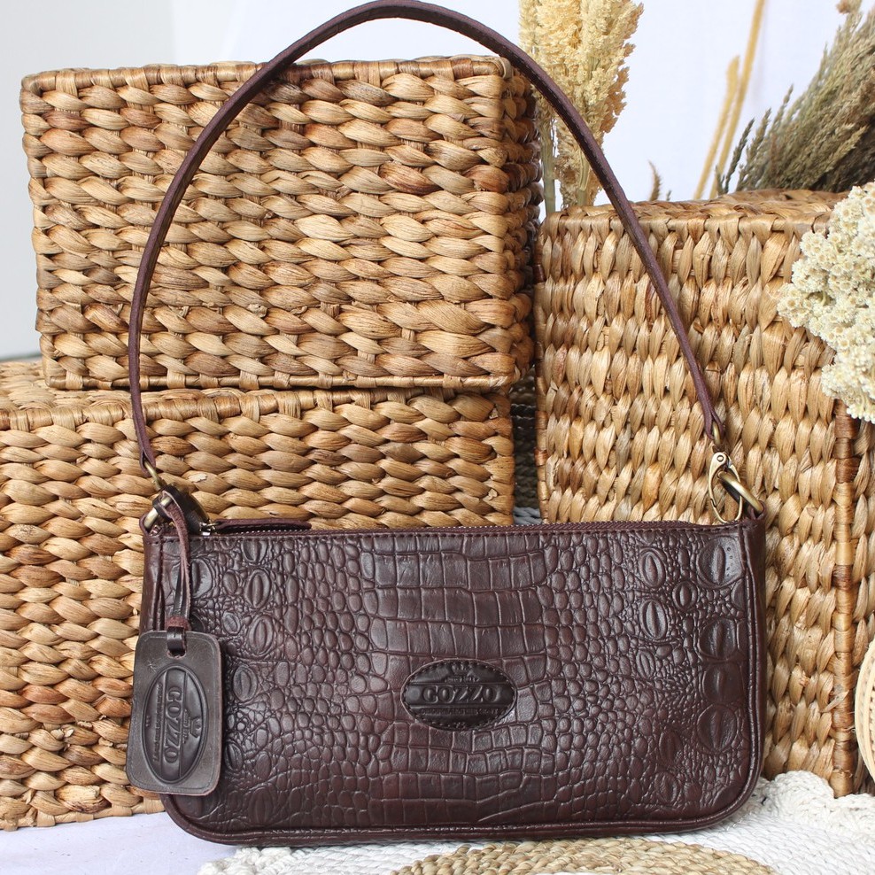 NEW !! TAS TANGAN / CLUTCH WANITA KULIT ASLI EMBOS CROCO NEBULA COKLAT TUA / FREE GRAVIR NAMA DI TAS