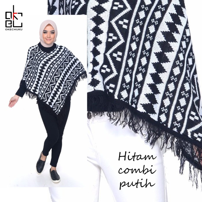Sheshop - PONCO MAROKO  Knit Outer Sweater Rajut Wanita Fashion Korea - Hitam Putih