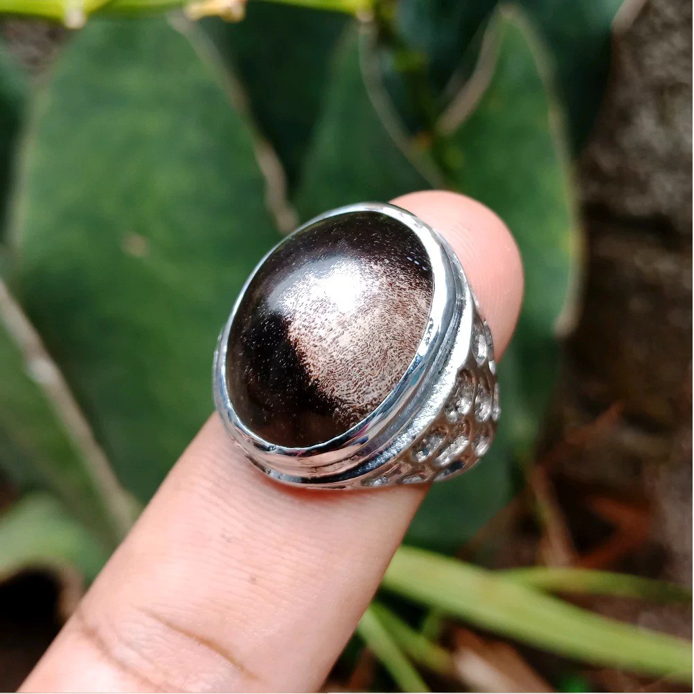 Cincin Batu Fosil Galih Kelor dengan ring tanam anti luntur