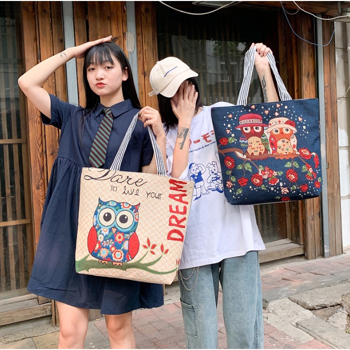 Gaya Retro Portabel Tas Kanvas Premium Tebal, Besar Bordir Belanja Fashion Motif Bunga Matahari Kupu