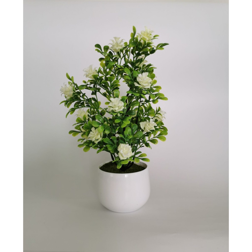 Tanaman Plastik Milan Rose Bunga Plastik Pot Ornamen-Putih
