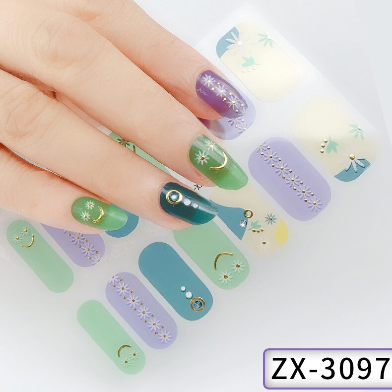 ZX 14Pcs/Set Stiker Kuku 3d Desain Bermotif High End Berlian Mutiara Permata Warna-Warni Untuk Tempel Tahan Air Tahan Lama Menicure Stickers Korea Self Adhesive Fashion Sticker kuku Full Aksesoris Dapat Kupas Mudah Digunakan Dan Dilepas Anti Air Nail Art