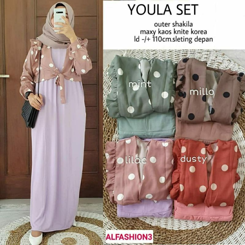 Youla Set, SETELAN GAMIS MUSLIM DENGAN OUTER LD 110 KANCING BUSUI TERMURAH TERCANTIK