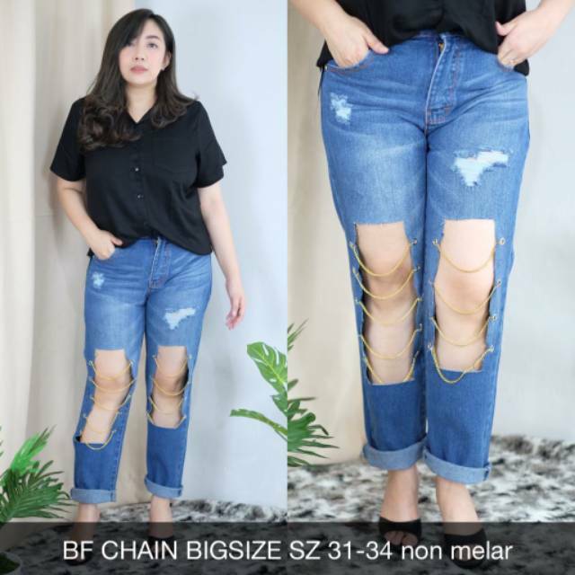  Celana  Jeans  Wanita  Boyfriend BF Chain Ripped Sobek Robek  