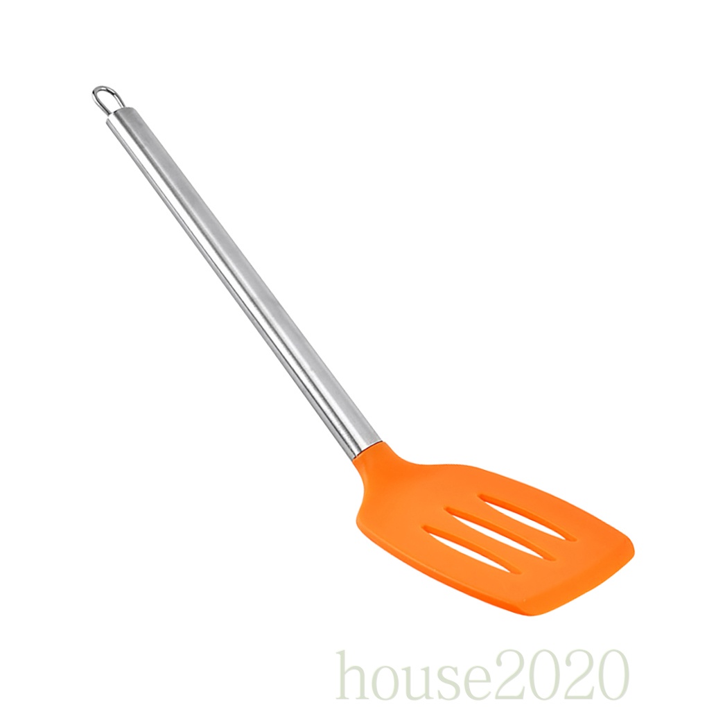 (House2020) Spatula Slotted Turner Bahan Silikon Flexible Warna Oranye