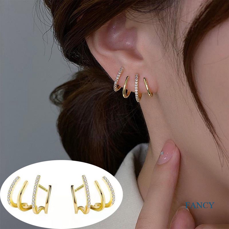 Anting Tusuk Gantung Bahan Metal Desain Geometri Hias Kristal Berkilau Gaya Korea Untuk Wanita