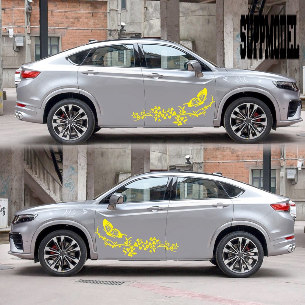 2pcs Stiker Decal Motif Kupu-Kupu + Bunga Tahan Air Untuk Body Mobil ATV