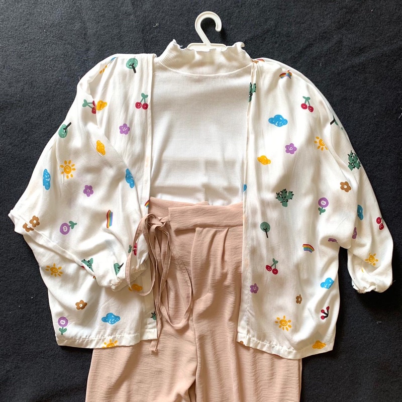 ONE SET KIYOWO OUTER / CRINKLE PANTS-R white cream tali