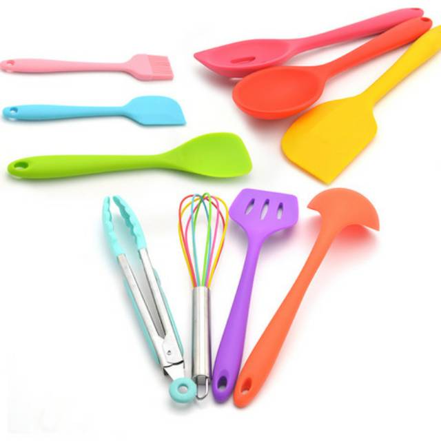 Rainbow silicone spatula cooking utensil set 10s / alat masak tanpa sambungan