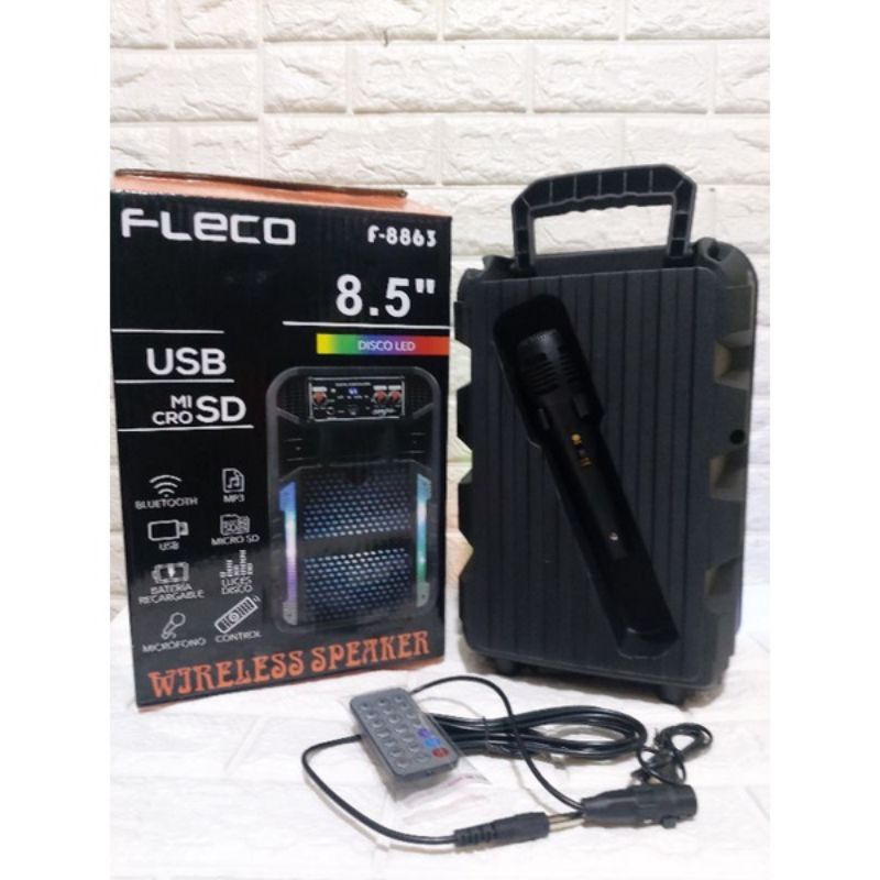 Speaker Bluetooth Karaoke FLECO F-8863 Bonus Microphone + Remote 8'5 Inchi Super Bass Original