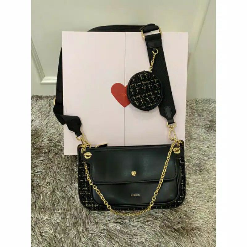 Pedro Tweed Double Flap Shoulder Bag