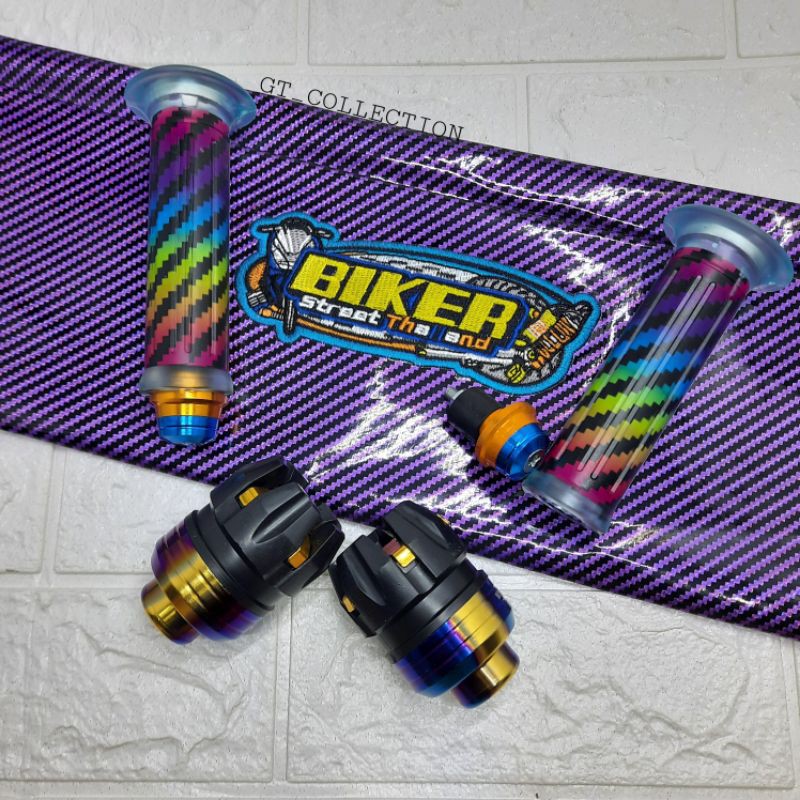 Paket Variasi Motor Warna Warni Kulit Jok Ungu + Handgrip Pelangi + Jalu Stang + Jalu As Twotone