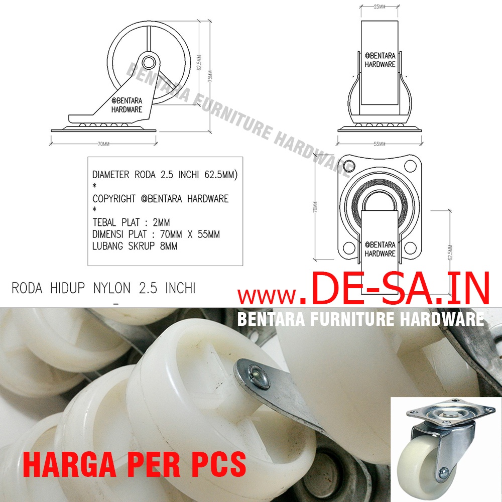 2.5&quot; Swivel Caster / Roda Hidup Nylon