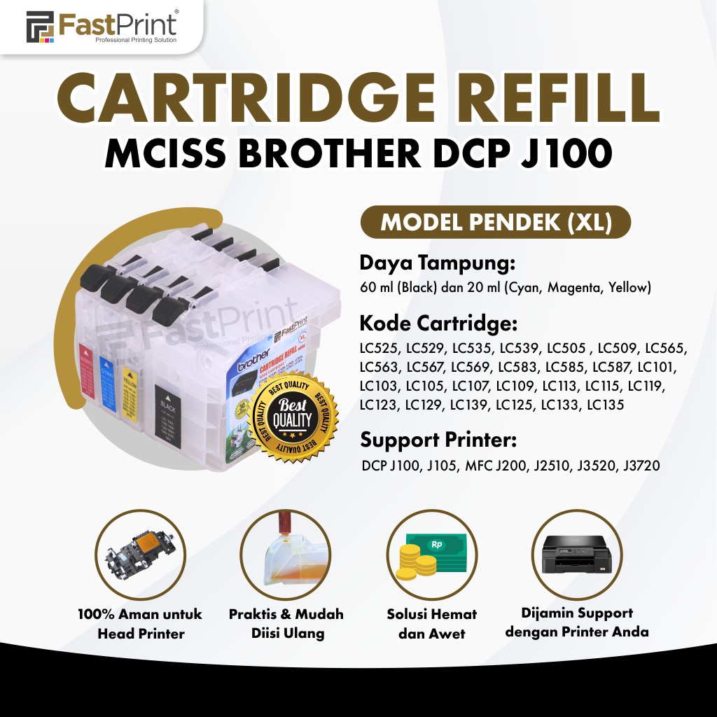 Cartridge MCISS Refillable BT DCP J100 J105 MFC J200 J2510 J3520 J3720 Kosongan Pendek XL