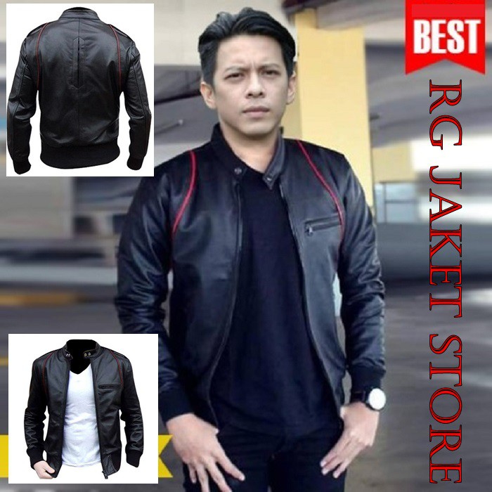 JAKET KULIT PRIA LIST MERAH ARIEL JEKET KULIT SINTETIS