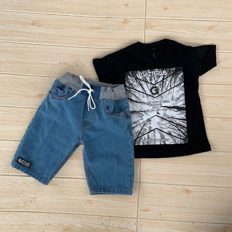 Setelan Jeans Anak Laki Laki Kaos Distro Anak Laki Baju Anak Cowo 1-12 Tahun AKP Marun Setelan Anak Laki Laki Import 10 11 12 Tahun Terlaris Terbaru-Biru Muda_gaz wild