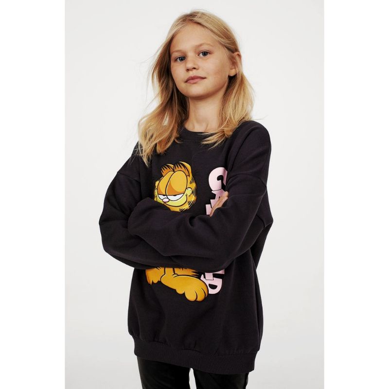 Crewneck Sweater H&amp;M Garfield Hitam Hnm Black Wanita Cewek Pria Free Paper Bag