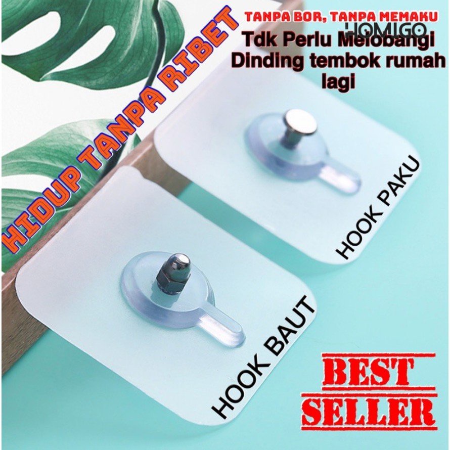 Homigo Hook Gantungan Rak / Hook Gantungan Rak Baju / Mur Tempel / Paku Tempel