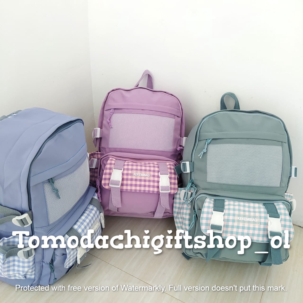 TM/Tas Ransel Laptop Backpack Sekolah Fashion Korean Style Anak Remaja Kotak Square Jaring Transpara