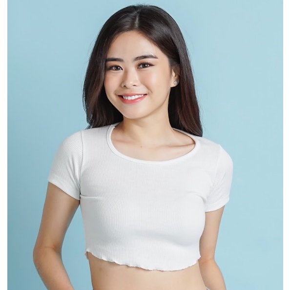 MODAVIE - ELENA CROP TOP Knit Crop Tee Unfinished Kaos Wanita Korean Crop Top