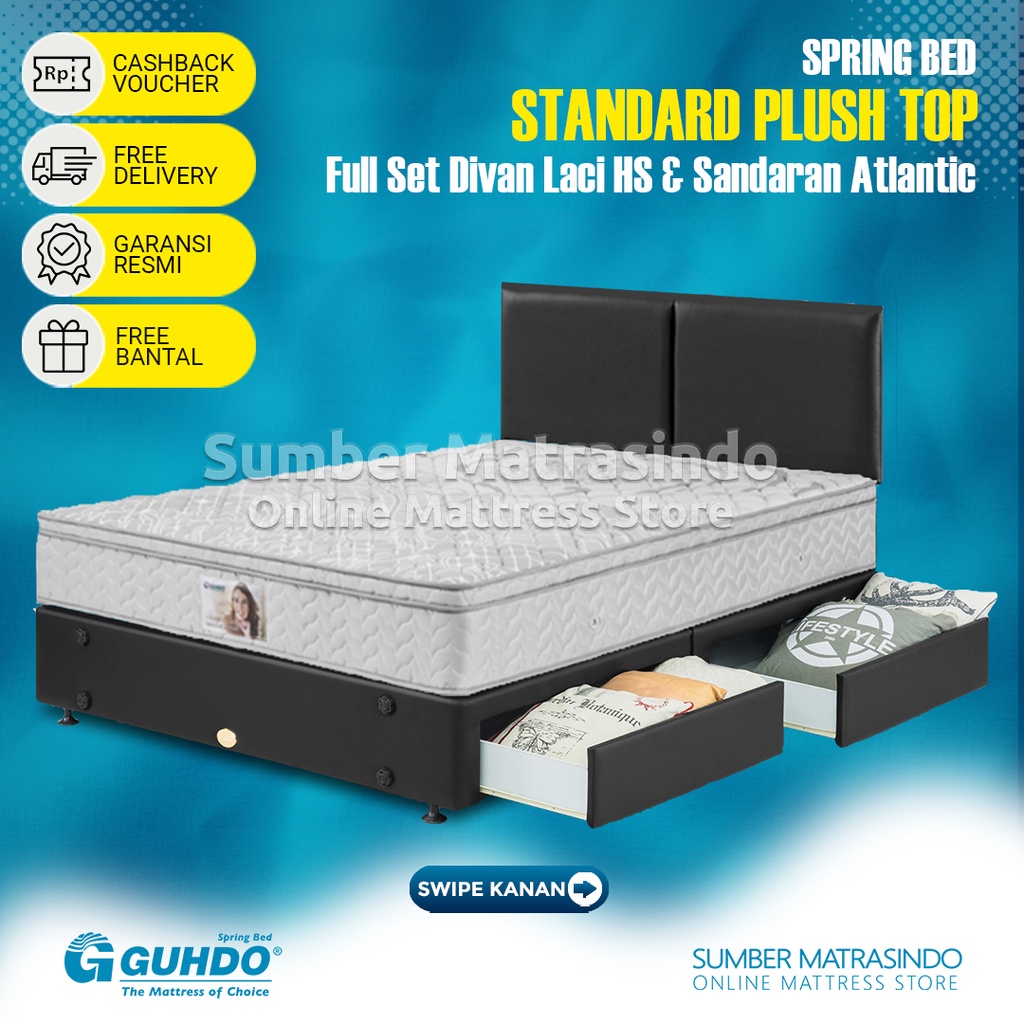 Guhdo Spring Bed Kasur Standard Plush Top Divan Split 2 Laci Sandaran Atlantic - FULL SET / TANPA SA