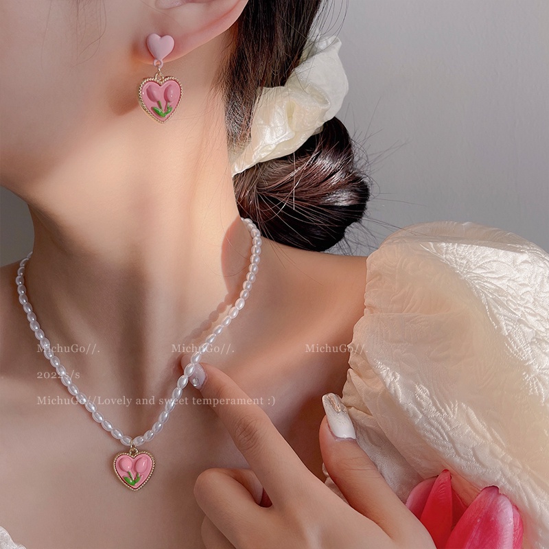 Set Kalung Rantai + Anting Gantung Tusuk Motif Bunga Tulip + Hati + Mutiara + Hollow Untuk Perhiasan Wanita