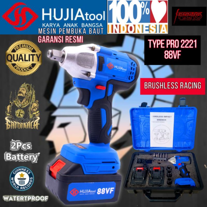 Mesin pembuka baut ban roda mobil hujia type pro 2221 88vf impact wrench cordless baterai tanpa kabe