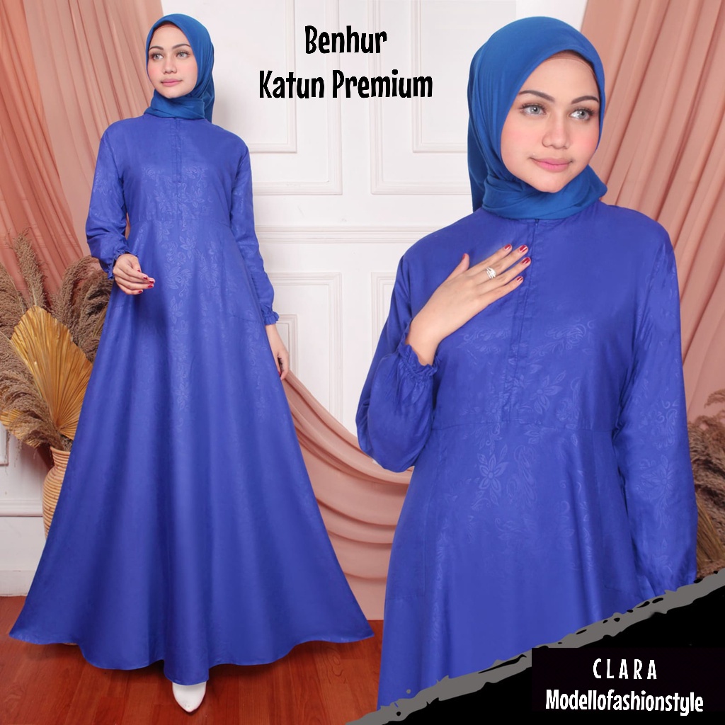 Clara - Gamis Dress L / XL Jumbo Polos Emboss Busui Bahan Katun 100% Berkualitas Warna Biru Elektrik