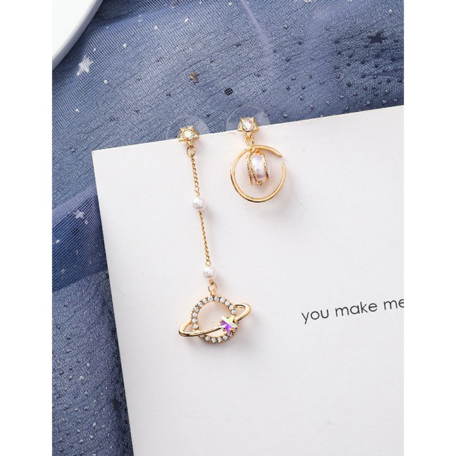 LRC Anting Fashion Gold Bottom (pearl Planet) 925 Silver Studded Diamond Star Moon Planet Asymmetric