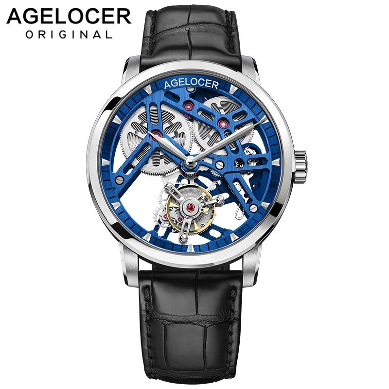 Agelocer Tourbillon Double Barrel Watch untuk Pria Sapphire Terbang Mewah Tourbillon Gerakan Mekanik Mens Watch Skeleton Clock
