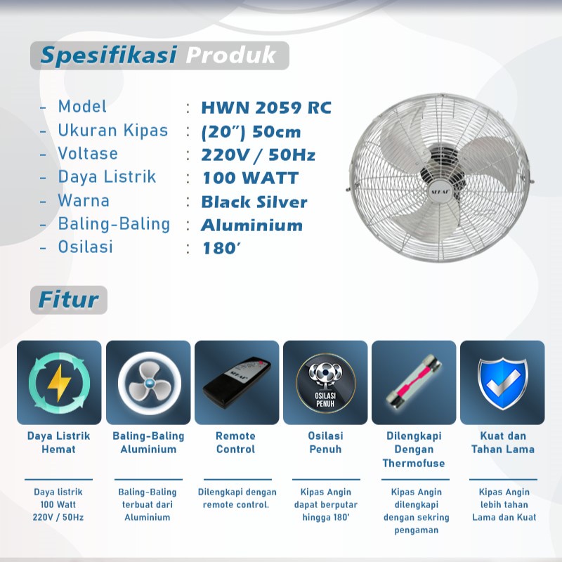 SEKAI Wall Fan Kipas Angin Dinding Performa Tinggi Remote HWN 2059 RC