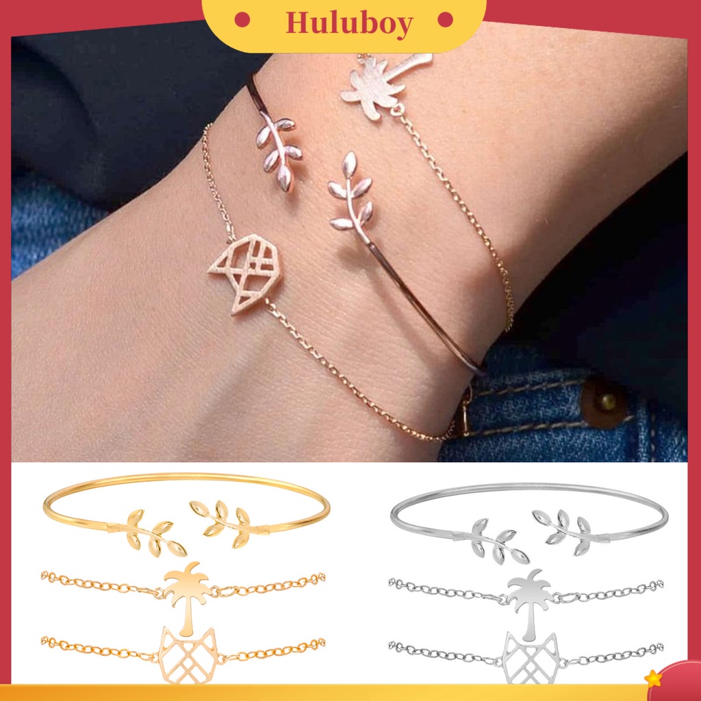 Hu Hu Hu Hu Hu Alat Bantu Pasang Kacamata♡ 3pcs / Set Gelang Bangle Adjustable Desain Daun Kelapa Untuk Aksesoris Perhiasan