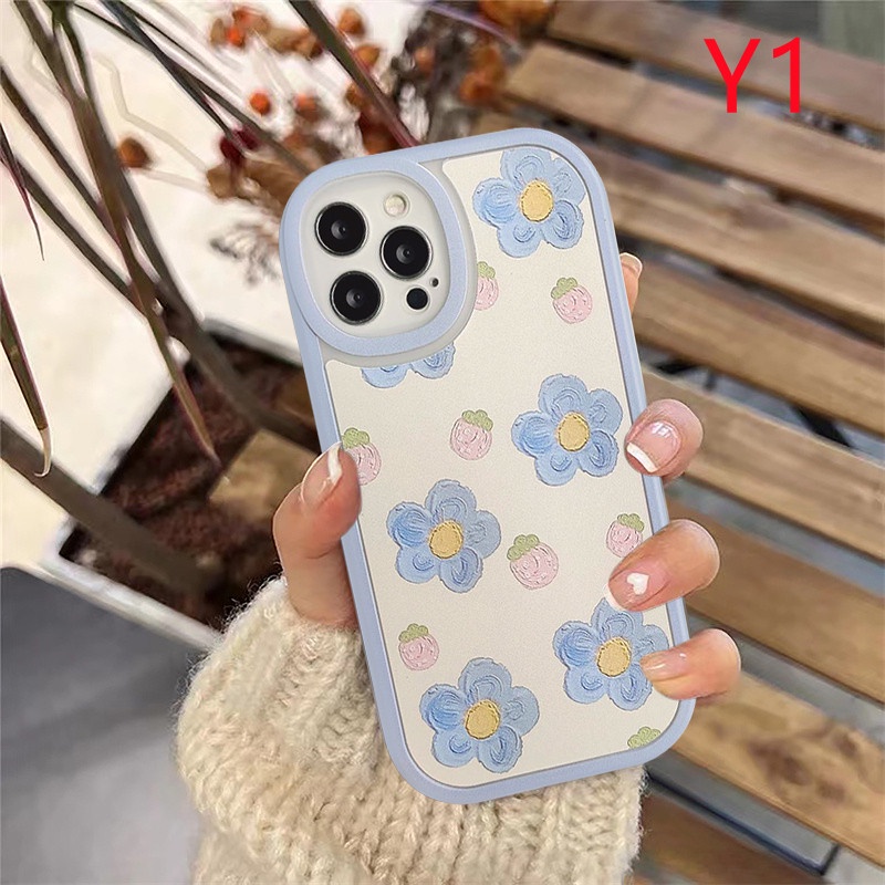 Soft Tpu Oil Painting Blue Flower Pattern Case Compatible for IPhone 11 12 13 14 Pro Max 7 8 6 6s Plus X XR XS Max SE 2020 Summer Strawberry Shockproof Camera Protector Back Cover