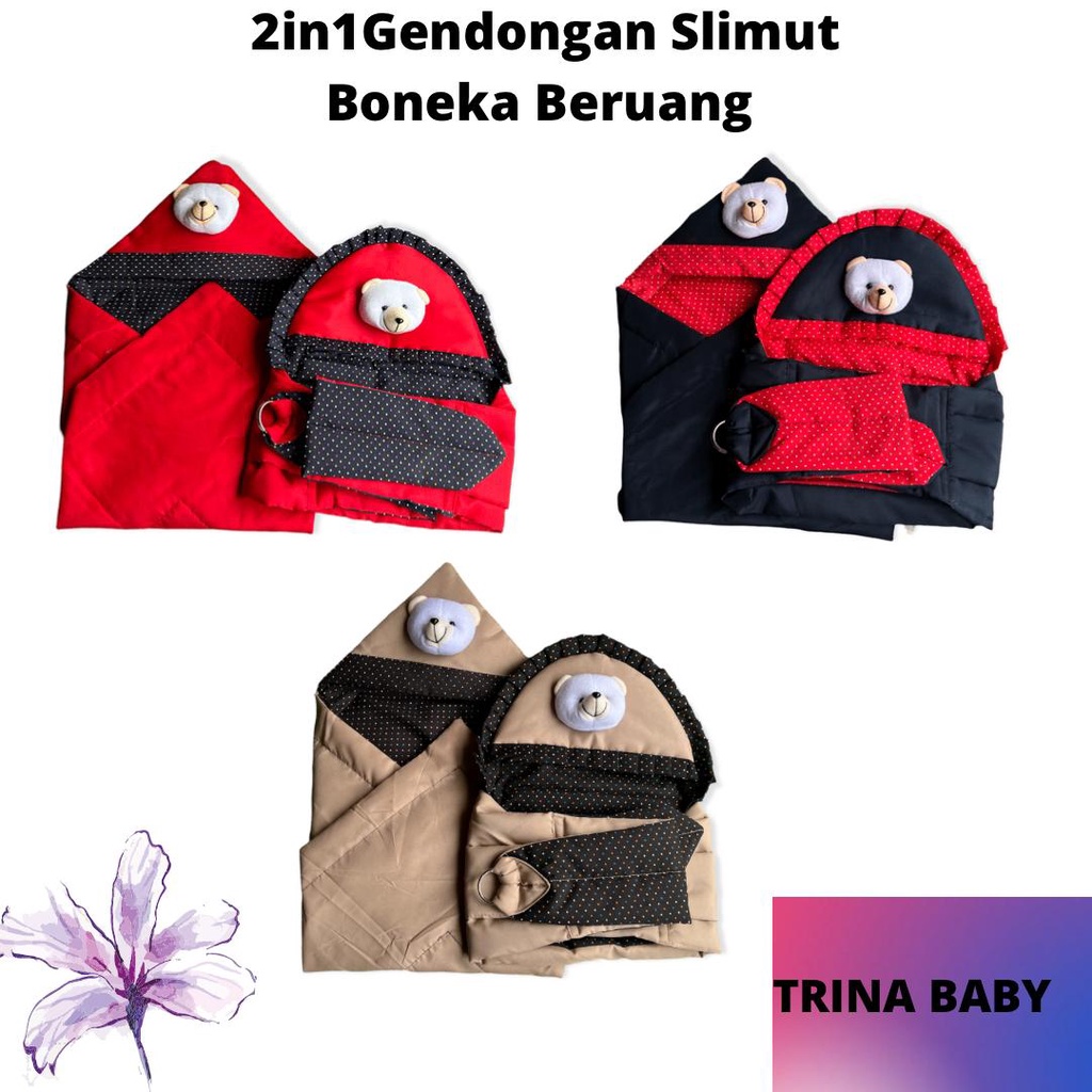 Set 2in1 selimut dan gendongan bayi polka boneka beruang premium