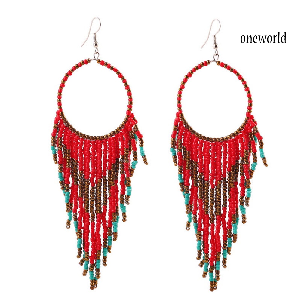 OW# Bohemian Women Beads Tassel Round Dangle Long Hook Earrings Statement Jewelry