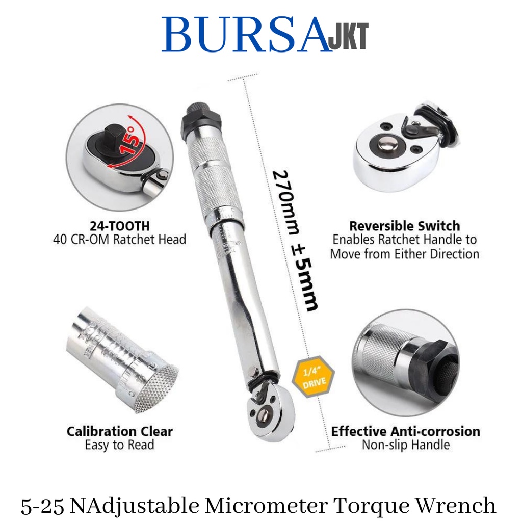 ADJUSTABLE TORQUE WRENCH 1/4 INCH 5 - 25 KUNCI MICROMETER MOMEN MOTOR