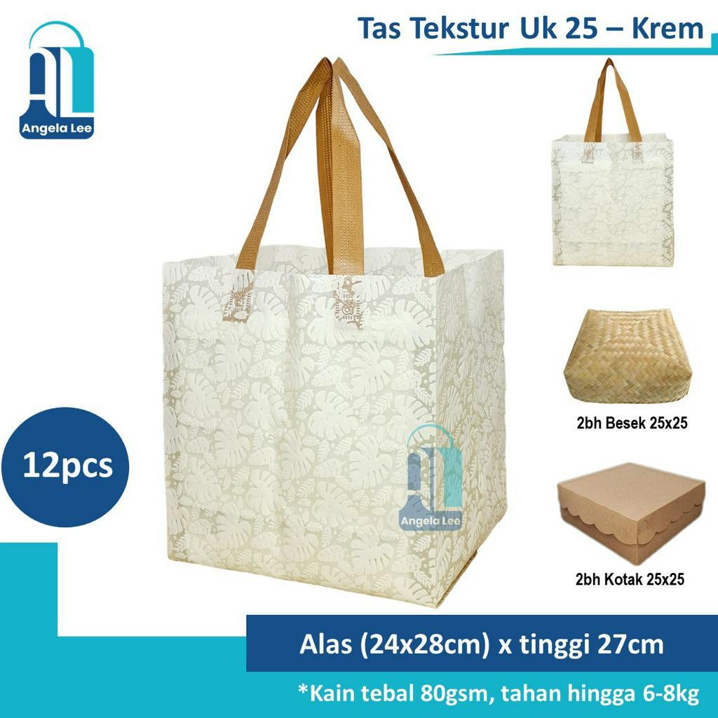 12pcs Tas Kain Spunbond Motif Tekstur Timbul Mewah muat 2box 25x25 Hijau Bunga Hajatan Syukuran