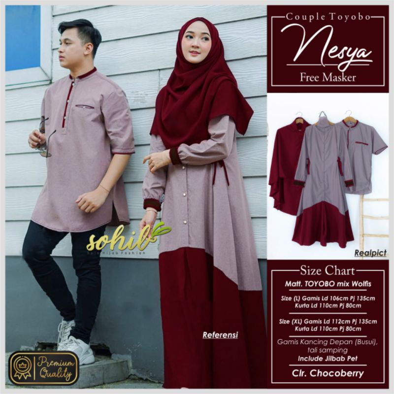 SIMIFASHION Nesya Couple gamis set khimar dan koko kurta lengan pendek bahan toyobo premium