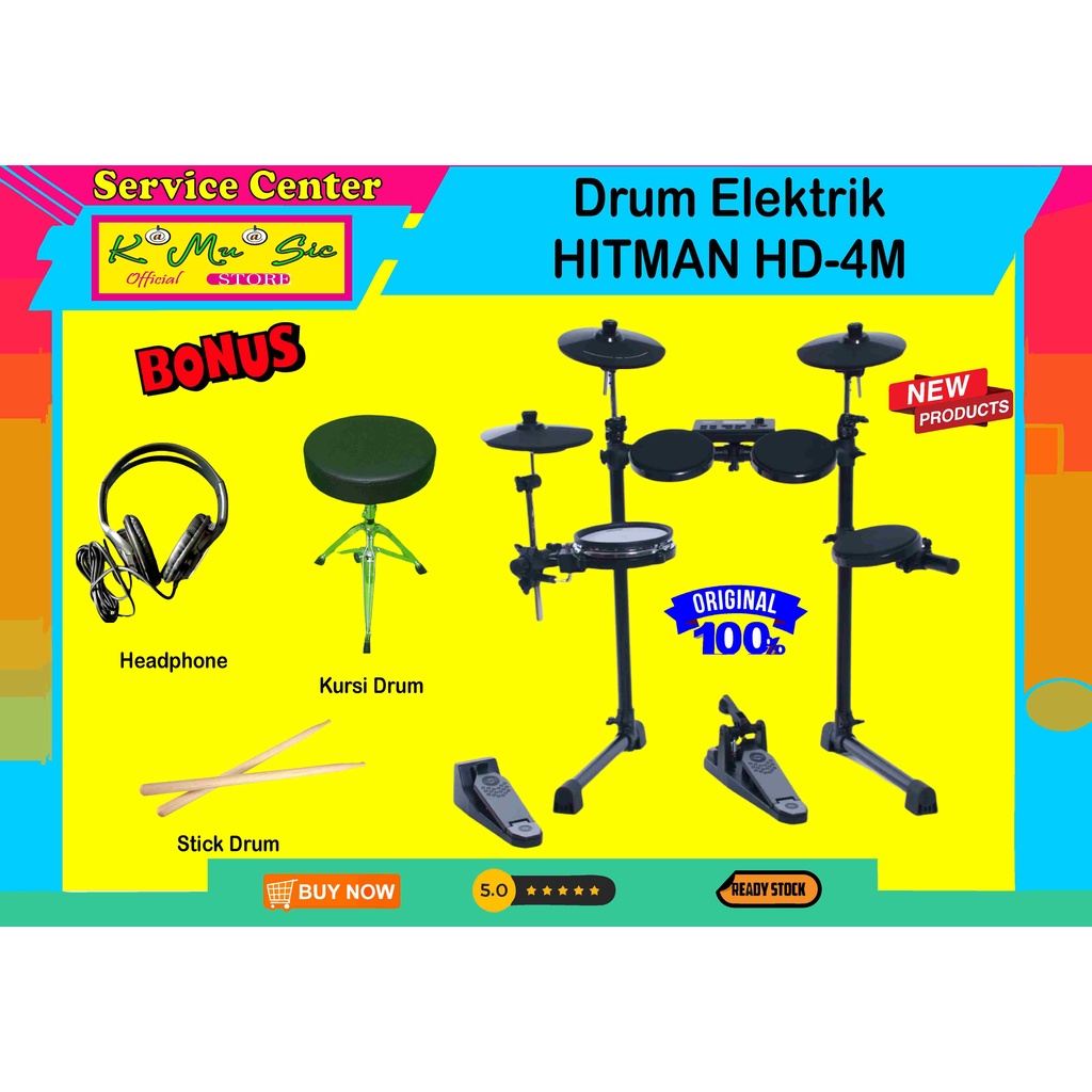 [ COD ] Original Drum elektrik Hitman HD-4M HD4M HD 4M 2 zone snare pad free headphone stick drum ku