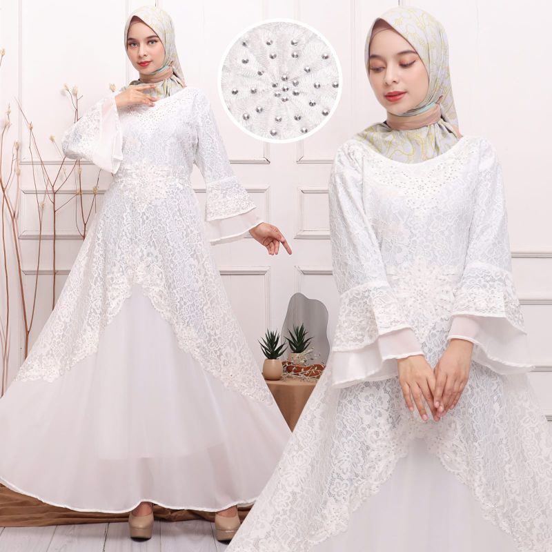 Megaxus88,,Gamis pesta brukat gliter putih impor/lapisan hayget 318