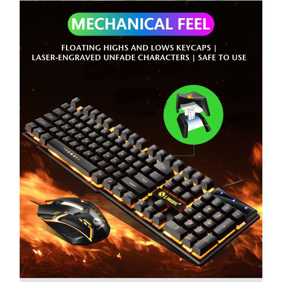 Paket Keyboard Mouse Set For Gaming Black Gold Fire LED Light Mechanical Keyboard Laptop USB Cable Premium Quality