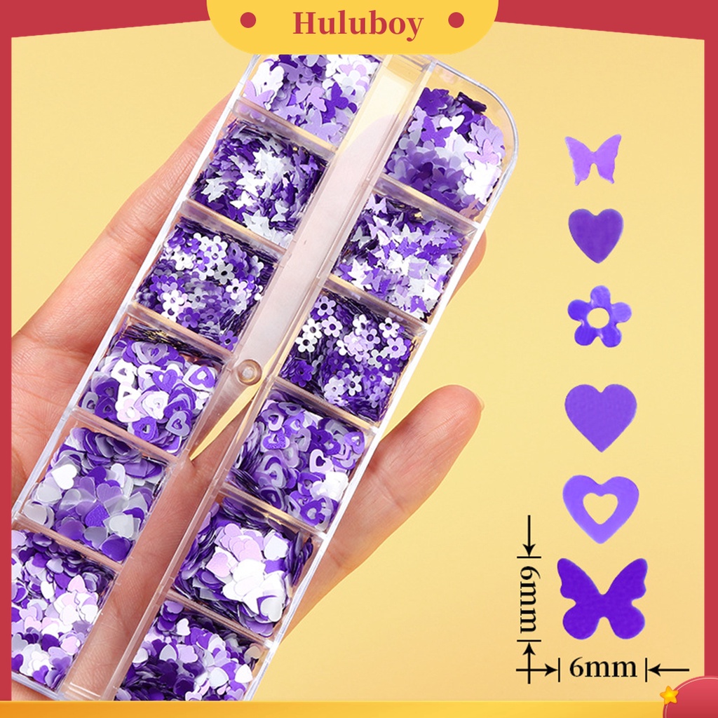 Huluboy Huluboy♡ 12 Grids Glitter Portable Warna Ungu Plum Blossom Untuk Dekorasi Kuku Jari Wanita