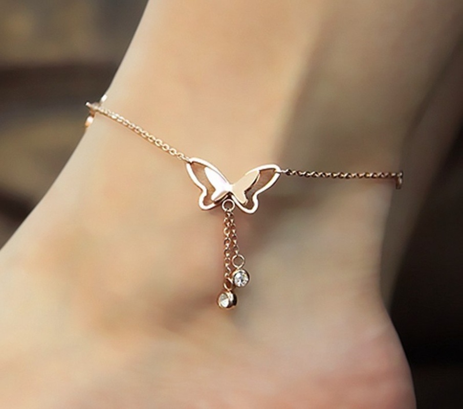 BUTTERFLY Gelang Kaki Model Rantai Rumbai Aksen Kupu-Kupu Hollow Warna Rose Gold