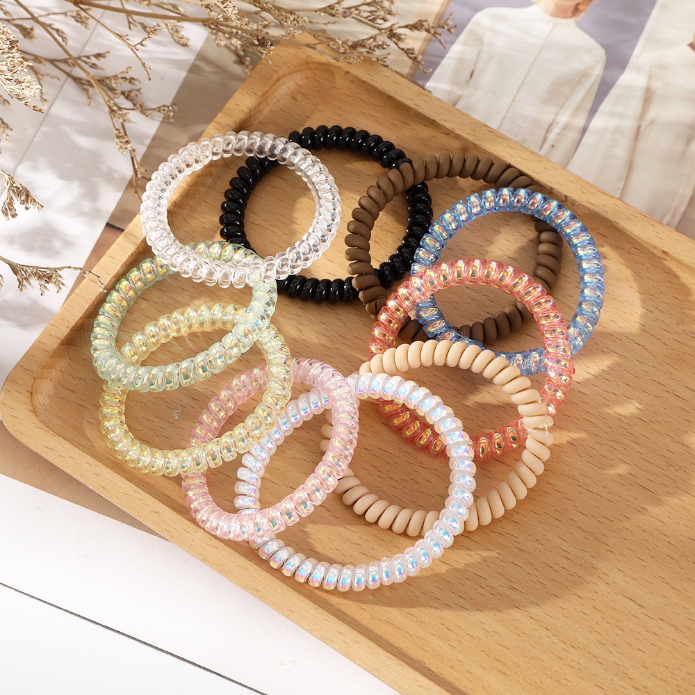 6pcs / Set Ikat Rambut Model Kabel Telepon Warna Polos Untuk Wanita