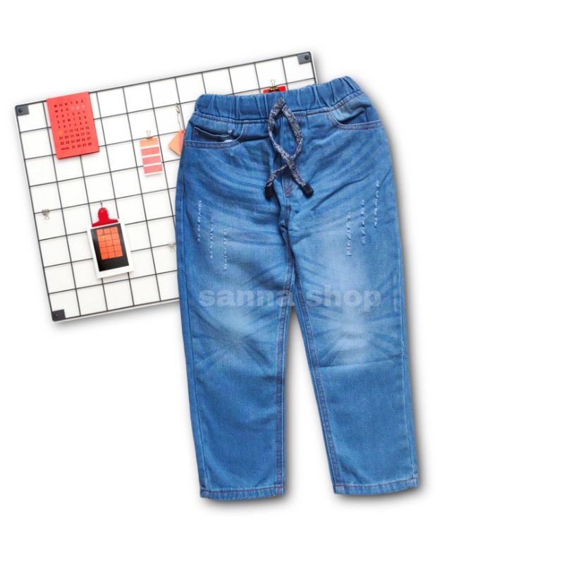 Celana jeans whisker bintang anak laki-laki warna biru muda usia 6-9 tahun , denim anak cowok