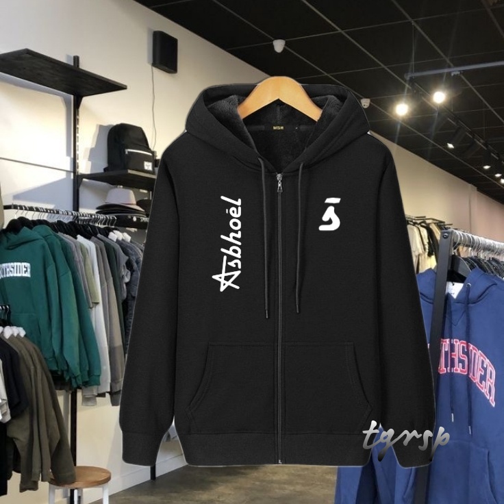 Jaket Hoodi Ziper Asbhoel Text Putih//Sweater Hoodi Ziper Pria Dan Wanita