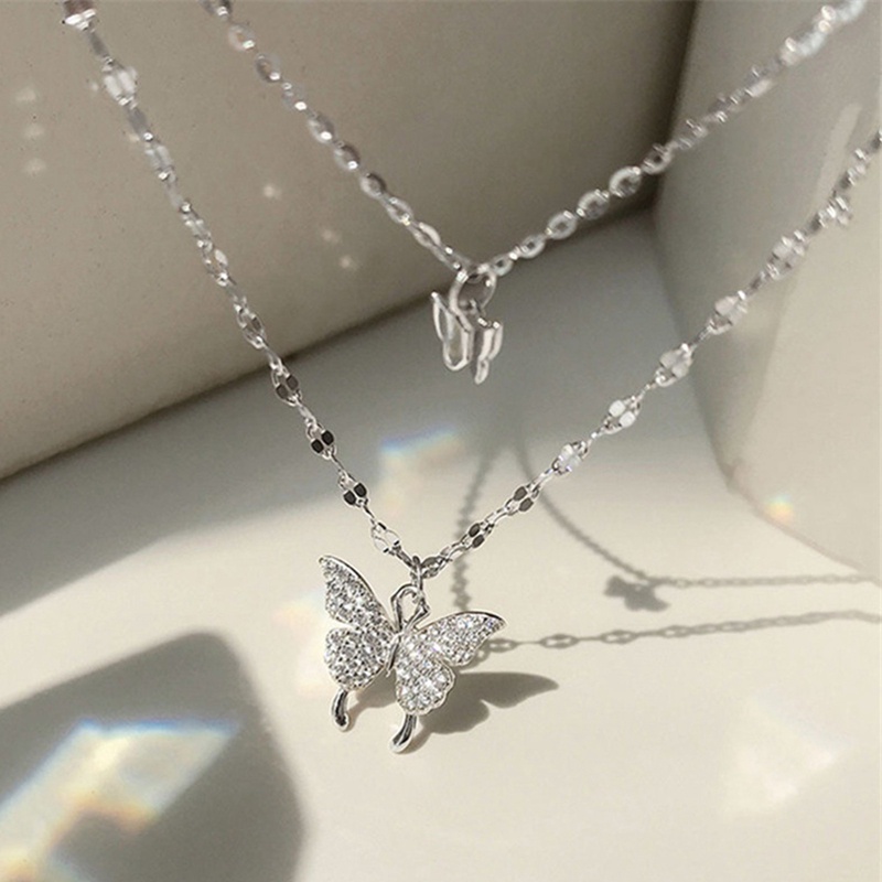 Kalung Choker Rantai Model Double Layer Desain Kupu-Kupu Bahan Zircon Warna Silver Gaya Korea Untuk Wanita