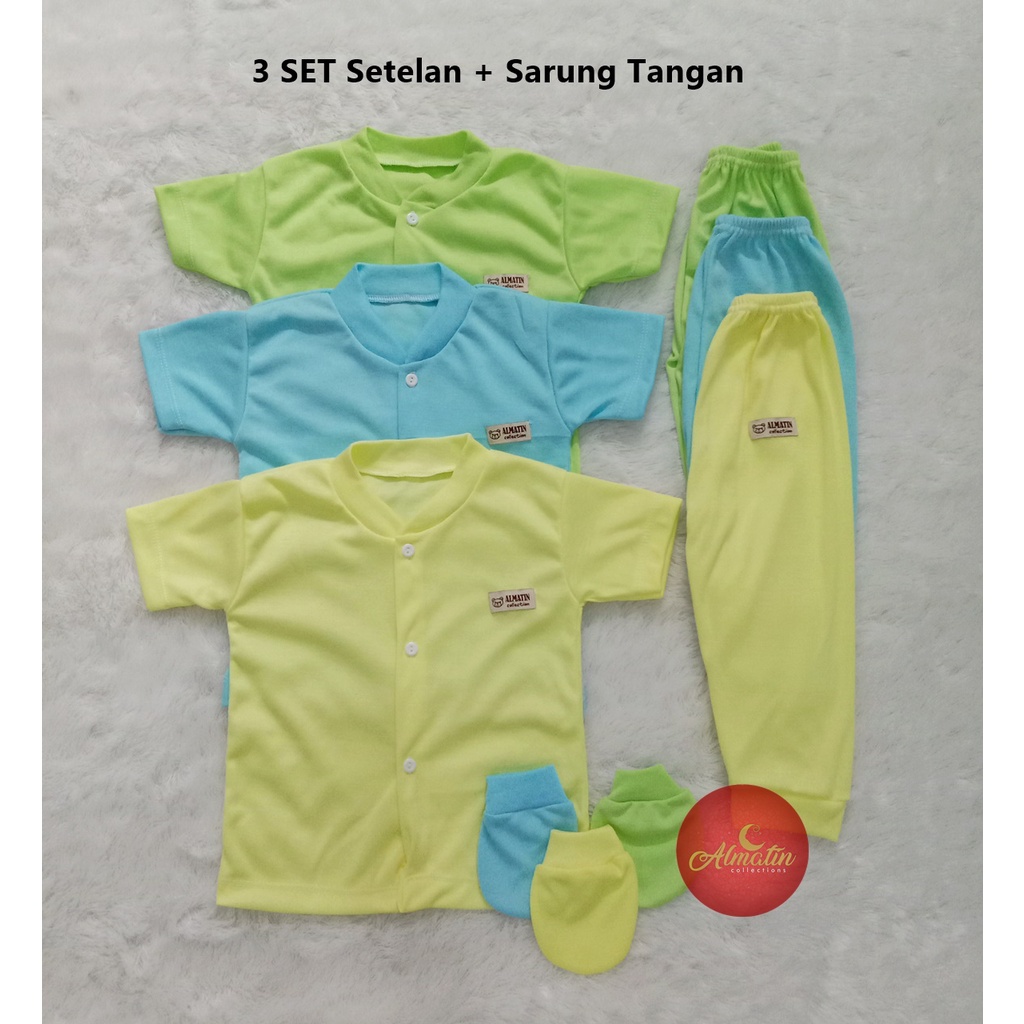 3 Pcs Setelan Baju Bayi Pendek + Sarung Tangan Bayi / Piyama Pendek / Setelan Bayi Newborn Almatin