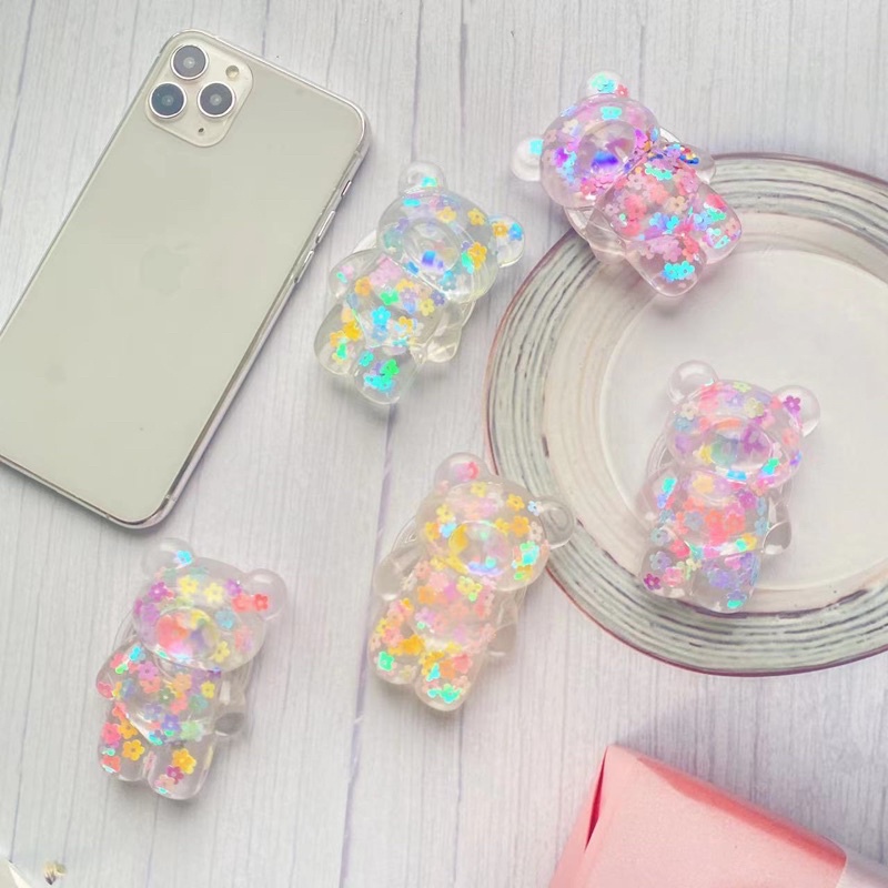 Flower Bear Glitter Popsocket Phone Holder Pegangan HP Lucu